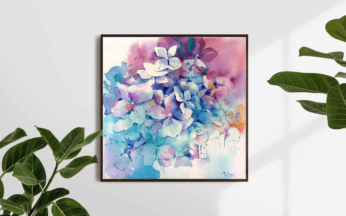 Impressionistic Botanical Watercolour By Ksenia Selianko, 13 X 13", Hydrangea In Romantic Color, Original Artwork