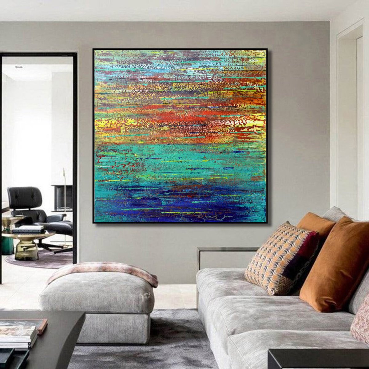 Abstract Landscape Acrylic Painting By Areti Ampi, 31 X 31, Sunrise On The Ocean, Original Artwork