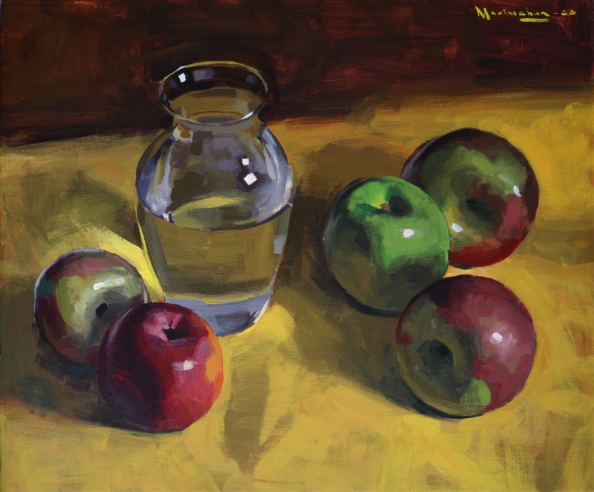 Impressionistic Still Life Acrylic Painting By Nikita Maksimchuk, 24 X 20", Still Life With Apples, Original Artwork