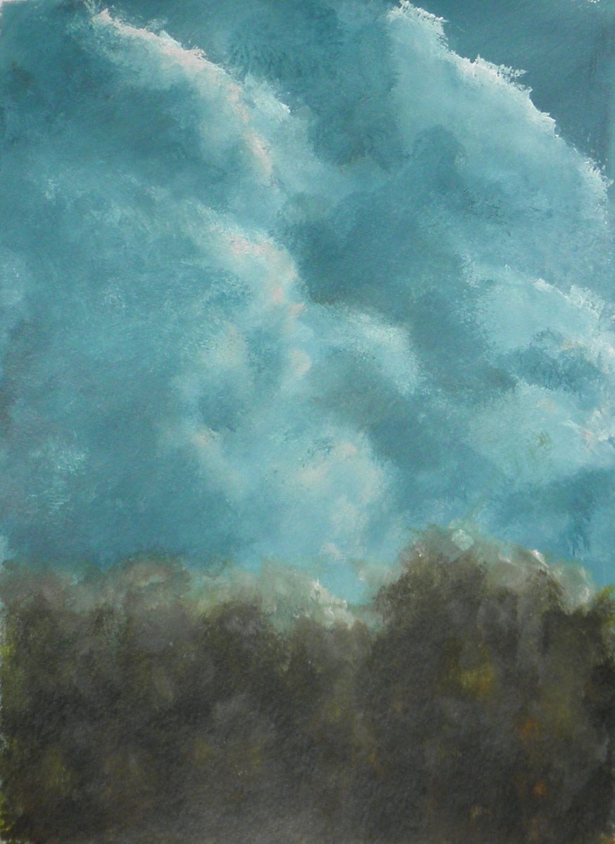 Impressionistic Landscape Acrylic Painting By Fabienne Monestier, 9 X 12, Clouds Over The Trees, Original Artwork