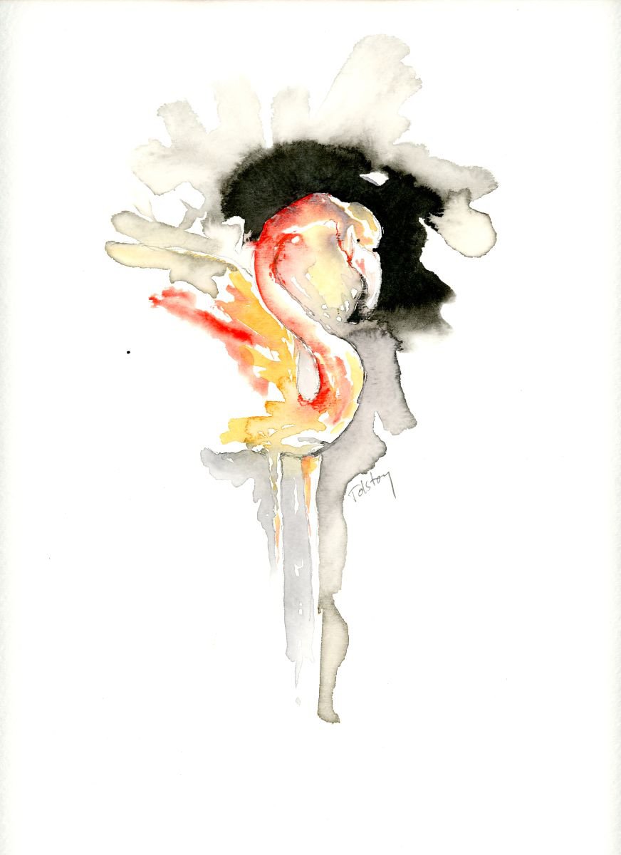 Impressionistic Animal Watercolour By Alex Tolstoy, 8 X 12, Flamingo, Original Artwork