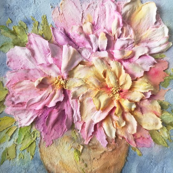 Blush pink and yellow peony bouquet sculpture painting