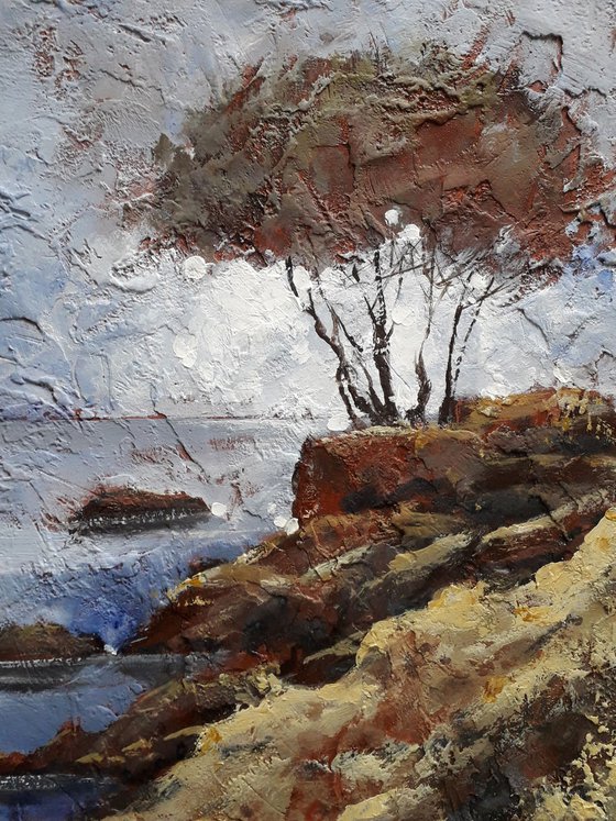 Tree on the seashore. Texture painting