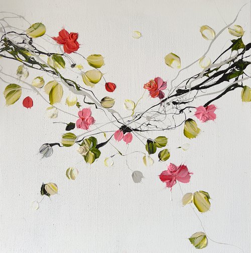 Square acrylic structure painting with flowers "Entwined" 60x60x2cm, mixed media by Anastassia Skopp
