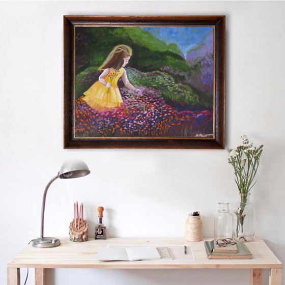 A Girl on the Blossoming Meadow. Original Oil Painting on Canvas. 16" x 20". 40,6 х 50,8 cm.