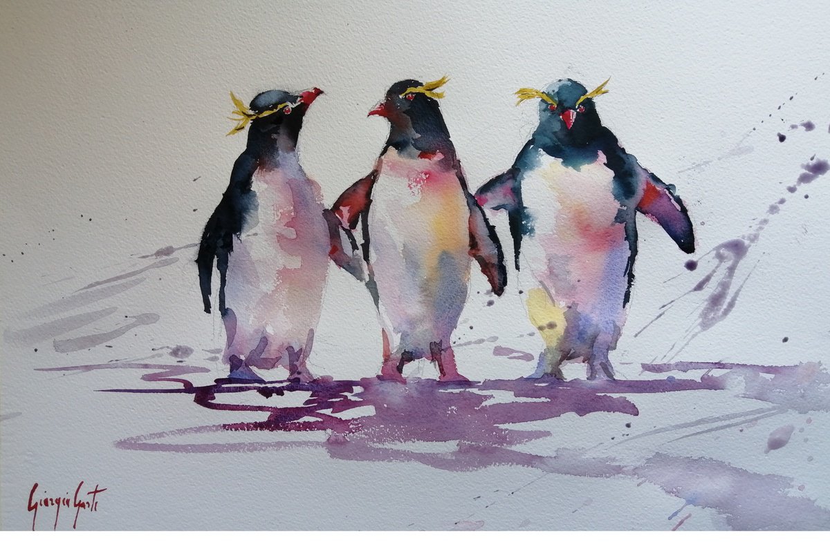 Impressionistic Animal Watercolour By Giorgio Gosti, 21 X 14, Penguins 5, Original Artwork