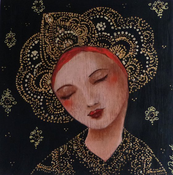 Michka Female redhead icon on wooden panel 20 x 20 cm.