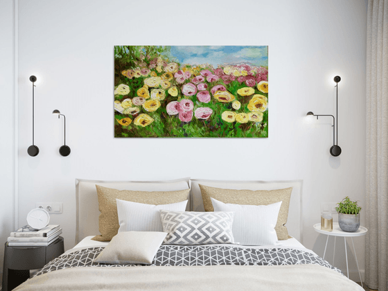 Large size WHITE PINK YELLOW PURPLE  ROSES in a Greenwich rose garden palette  knife modern still life  flowers office home decor gift