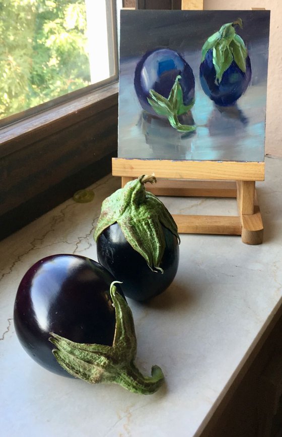 Small Painting - Eggplant reflections - One of a kind artwork, Home decor, Still Life