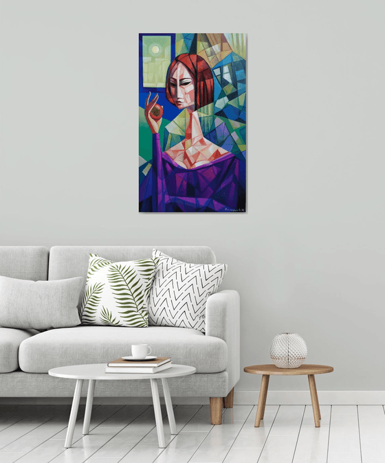 Girl with apple (60x100cm, cubism, oil painting, ready to hang)
