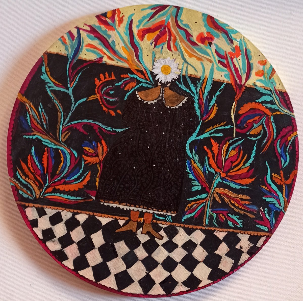 Naive Botanical Acrylic Painting By Tetiana Osadchuk, 12 X 12", Chamomile, Original Artwork