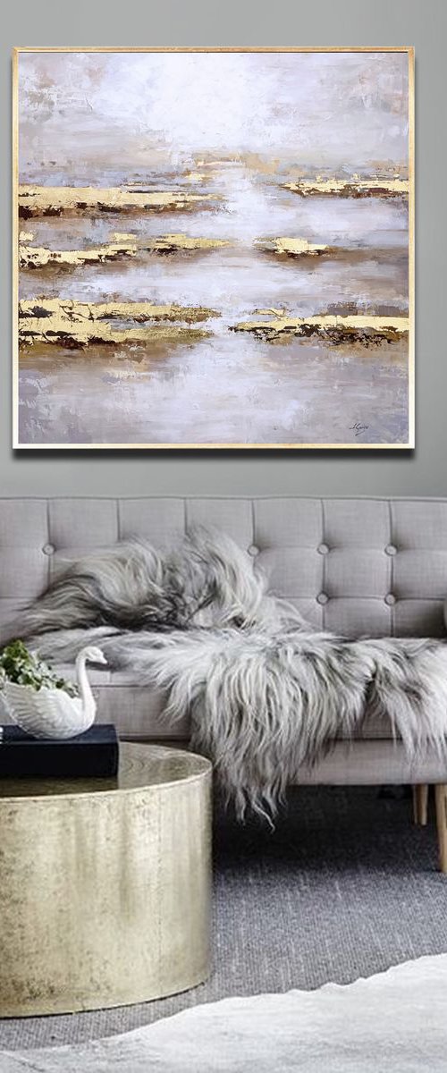 Above the Clouds - Gold White Abstract Painting 32" Sky Abstract, Large Canvas, Gold Leaf, Minimalist Painting by Lana Guise
