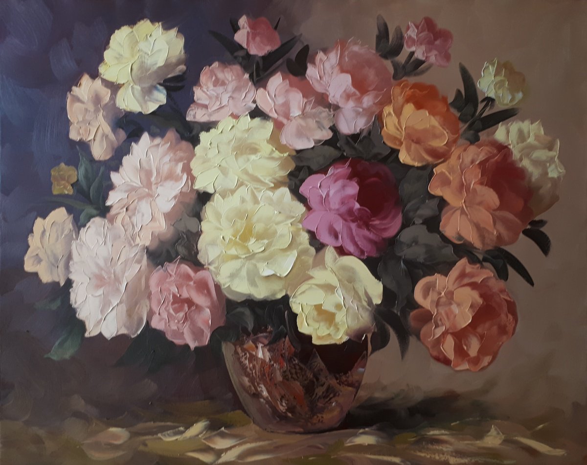Impressionistic Botanical Oil Painting By Kamo Atoyan, 39 X 31", Peonies And Roses, Original Artwork