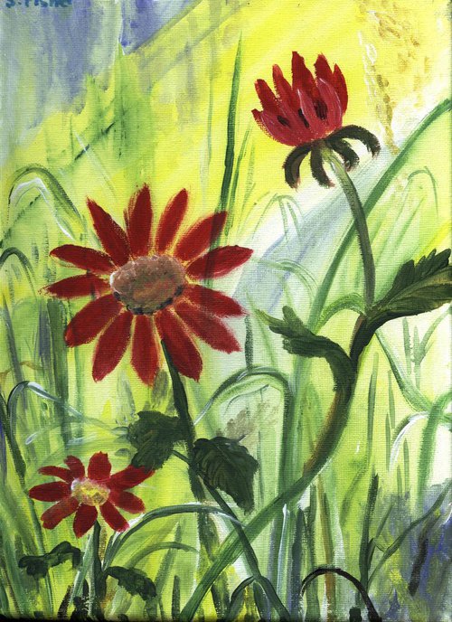 red flowers in the meadow by Sandra Fisher