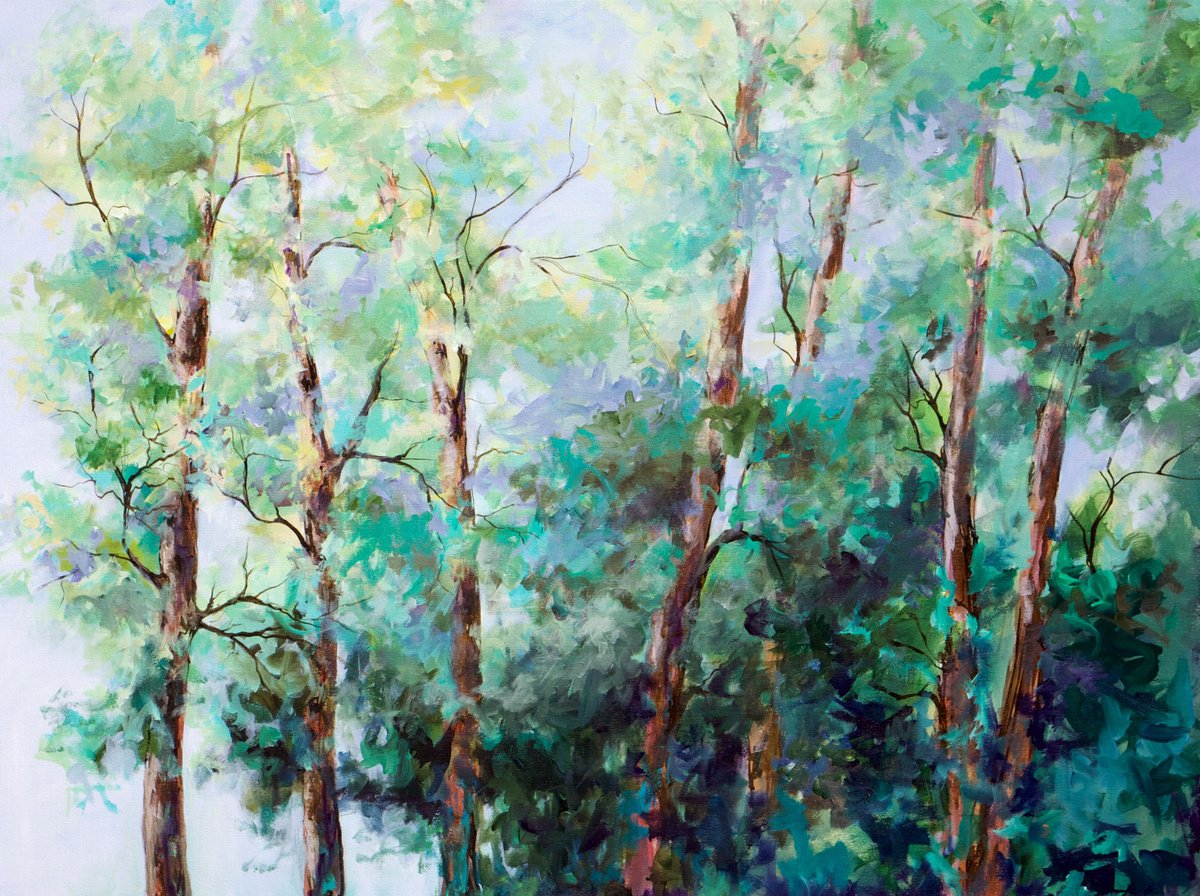 Impressionistic Landscape Acrylic Painting By Karen Hale, 40 X 30", Woodland Light, Original Artwork