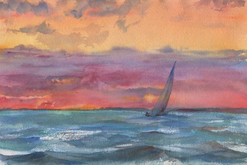 Flag of the Romantics (yacht in the sunset) by Irina Bibik-Chkolian