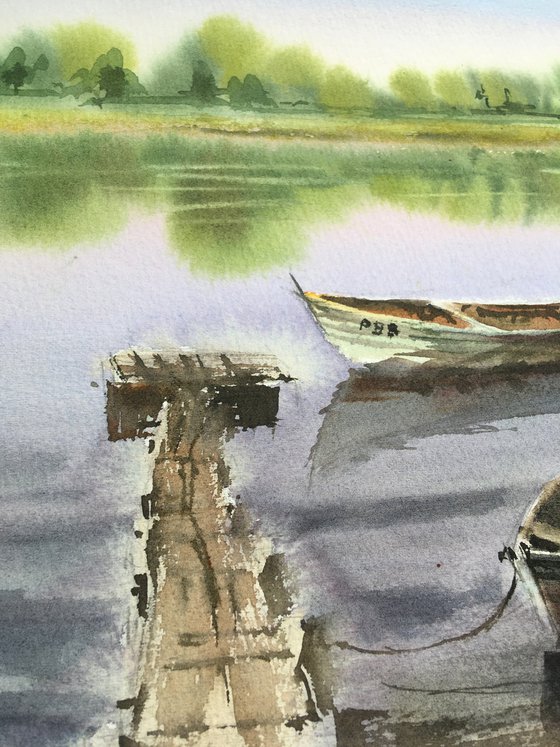 Let's fish original watercolor painting medium size with river and boats in violet colors