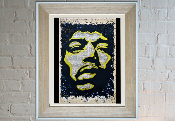 Jimi Hendrix Golden Line - Collage Art on English Dictionary Vintage Page