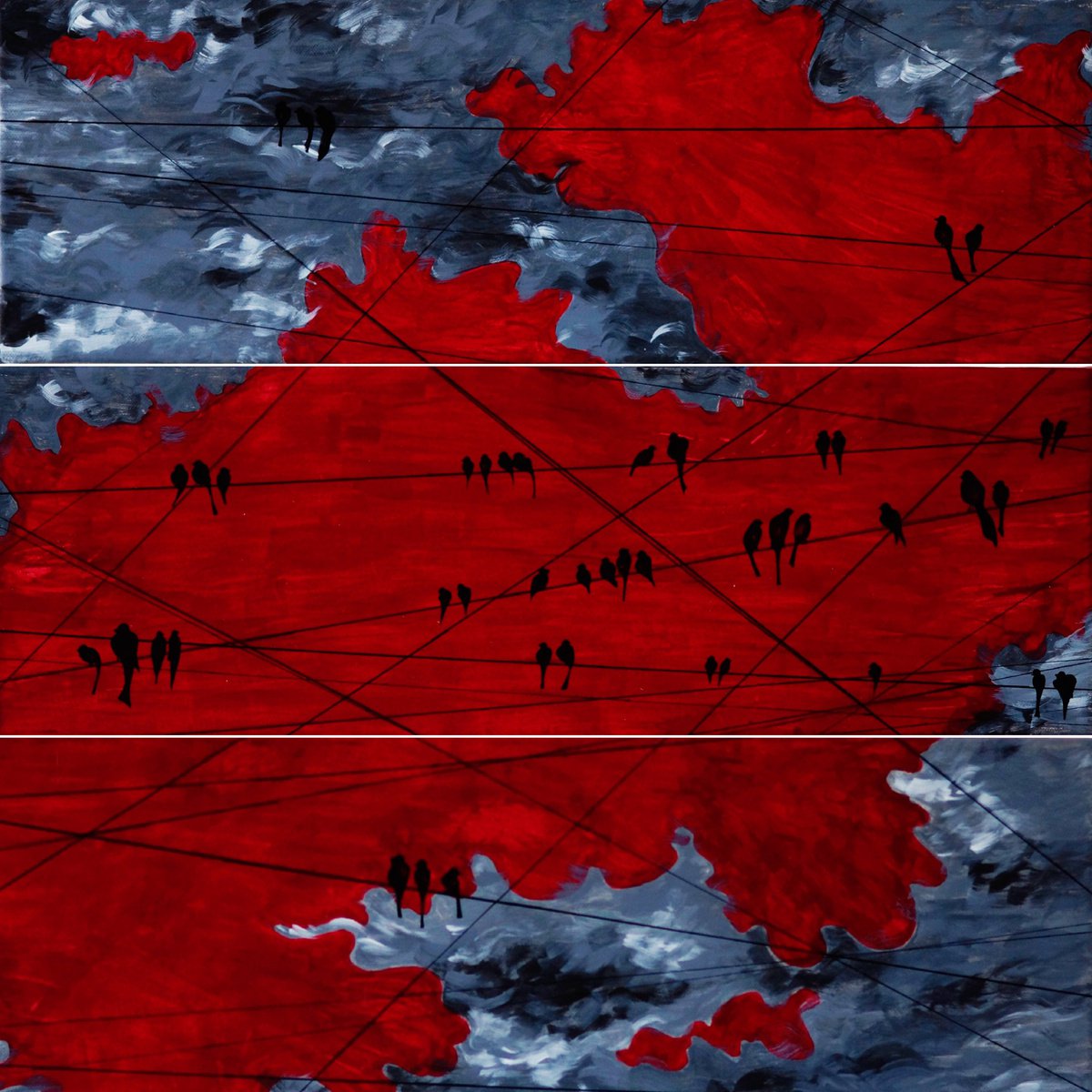 Landscape Acrylic Painting By Petq Popova, 24 X 24", "Birds On Wires Ii", Original Artwork