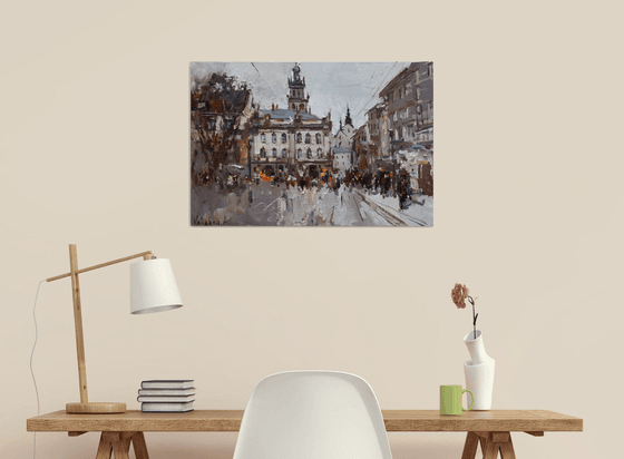 Lviv. Original oil painting evening city of Lviv, Ukraine, landscape painting