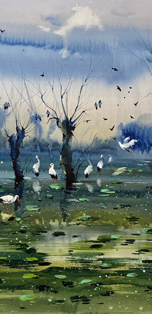 Sold Watercolor "Evening in the lake” gift For Him by Iulia Carchelan