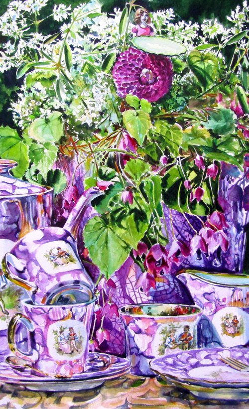 Still life with tea set in the garden by Kovács Anna Brigitta