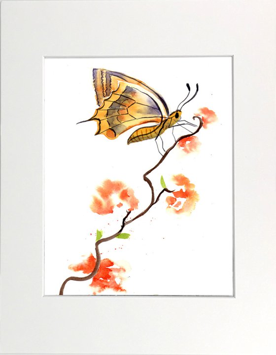 Butterfly and plant -  Set of 2 mounted original watercolor paintings