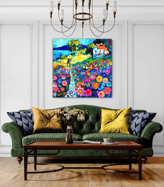 Cozy house near a river lake. Bright colorful fairytale impressionistic floral landscape with pink flowers. Hanging large positive relax wall art for home decor