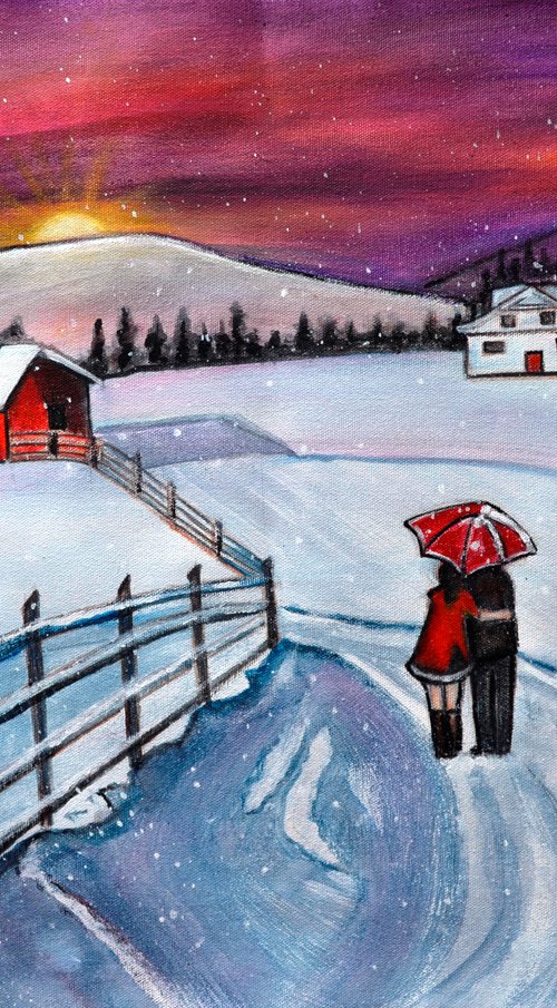 Christmas Romance in the snow acrylic winter painting by Manjiri Kanvinde