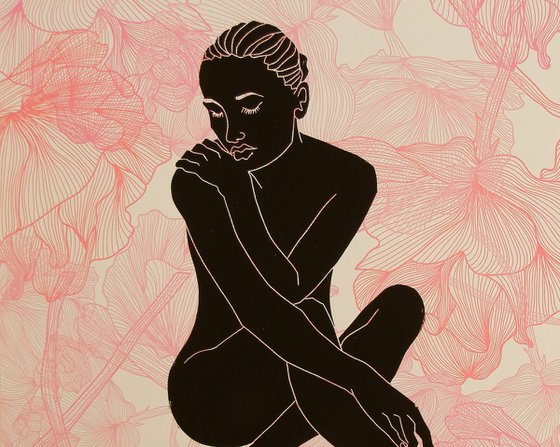 Seated Nude Lino Cut Hand Pulled Print