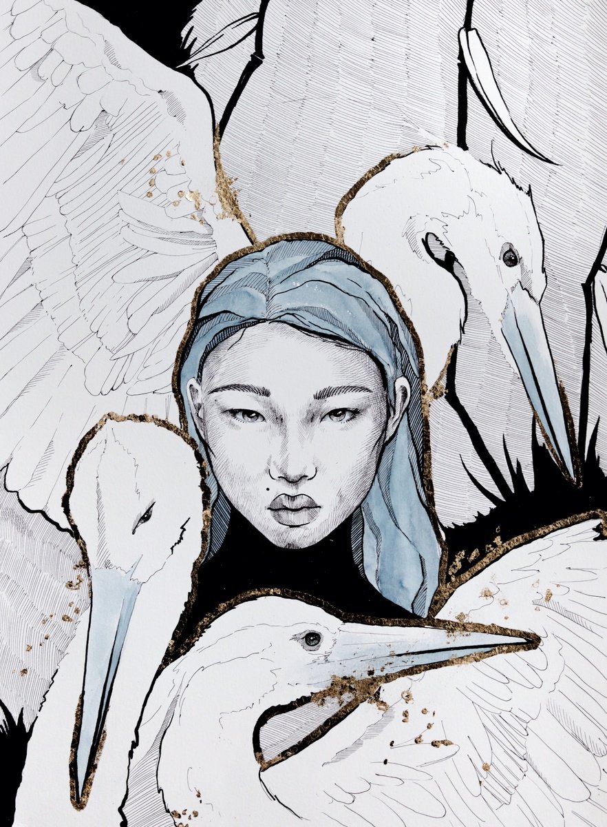 Asian woman with herons by Marina Ogai