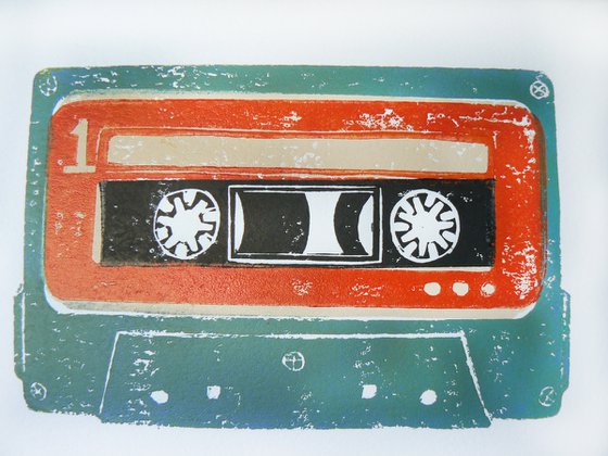 Linocut tapes #12 (cassette tapes, retro music, 70's, 80's rock culture)