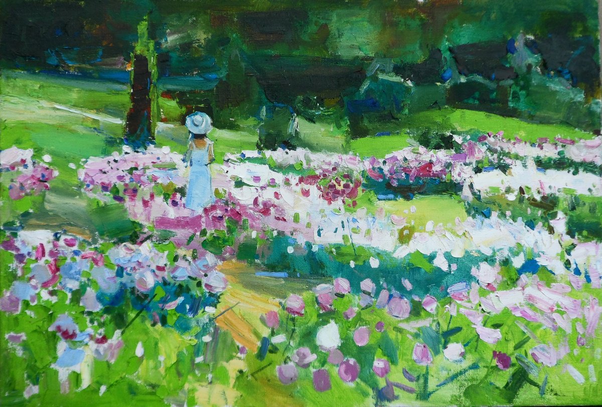 Impressionistic Landscape Oil Painting By Yehor Dulin, 31 X 22", "Garden Peonies ", Original Artwork