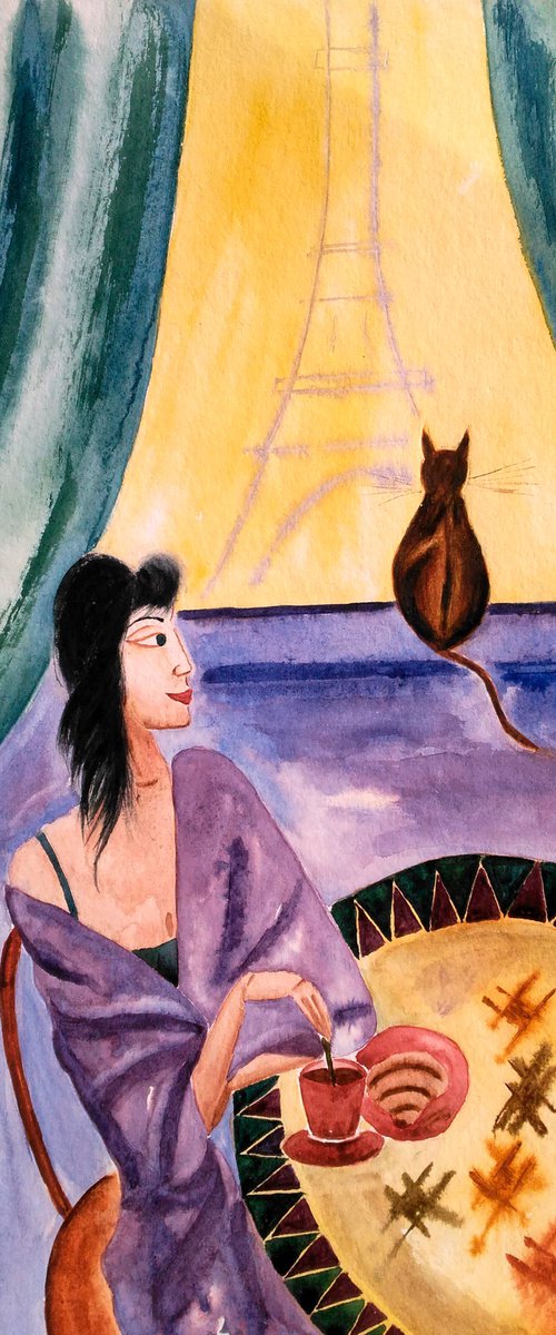 Woman and Cat Painting Figurative Original Art Lady and Cat Watercolor Paris Breakfast Artwork Home Wall Art 12 by 17" by Halyna Kirichenko by Halyna Kirichenko