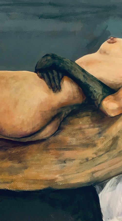 Reclining nude with green gloves by Ksenija Vucinic