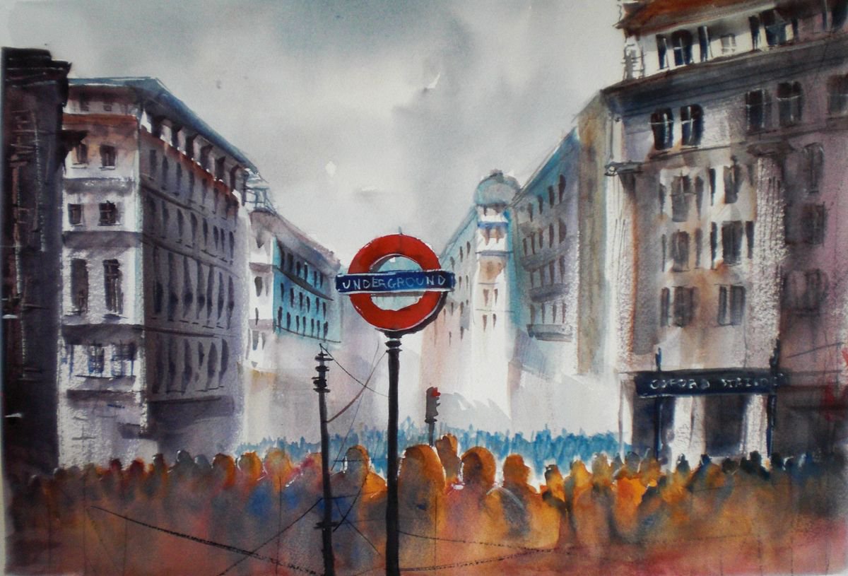 Expressive Cityscapes Watercolour By Giorgio Gosti, 19 X 13, London Underground, Original Artwork