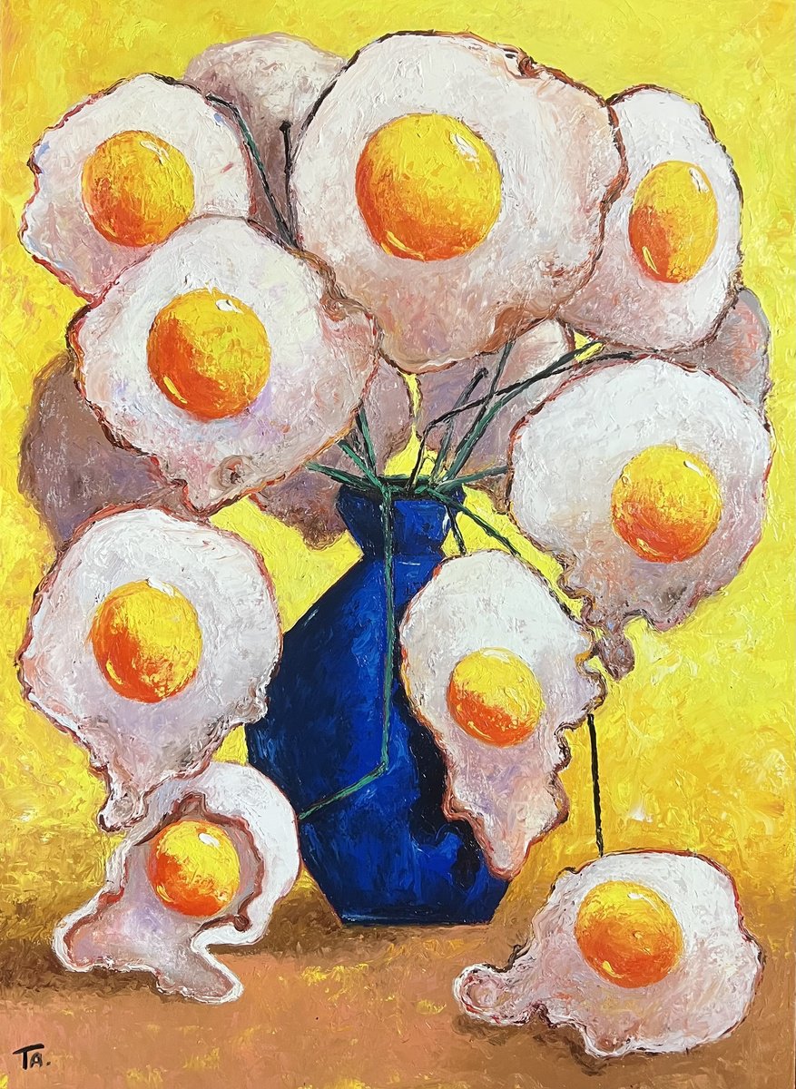 Surrealistic Botanical Oil Painting By Ta Byrne, 31 X 43", Egg Flowers In Blue Vase, Original Artwork