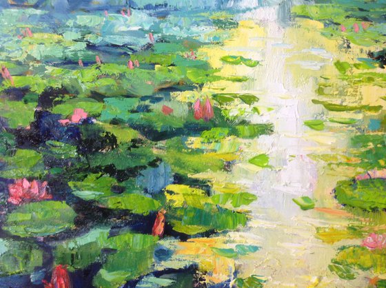 Sunny day . water lilies pond oil painting landscape river sunlight waterlily