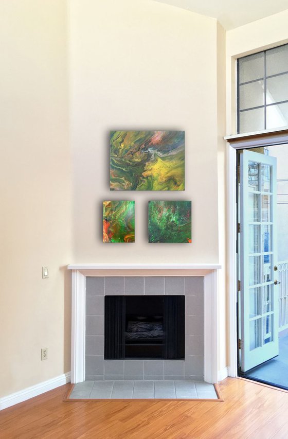 "Jungle Fever" - FREE USA SHIPPING - Original Triptych, Abstract PMS Acrylic Paintings Series - 21" x 28"