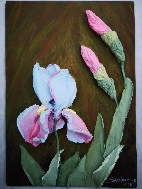 Pink irises - small painting with flowers, original textured wall relief, decor, bas relief, home decor, gift idea, pink, blue, green, brown 13x19x2 cm