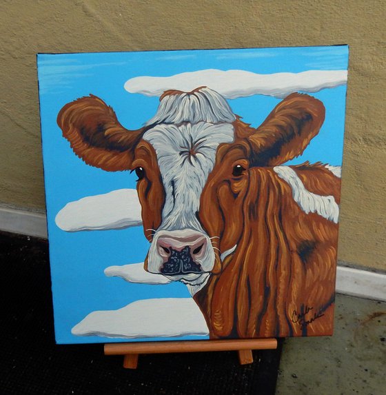 Brown Cow Farmyard Pet Original Art Painting-16 x 16Inches Stretched Canvas-Carla Smale