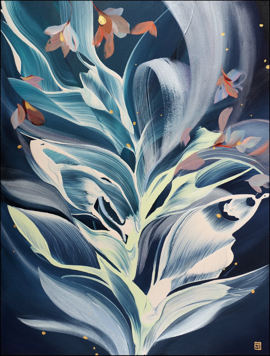 Abstract Acrylic Painting By Novi Lim, 32 X 42", Crystalline, Original Artwork