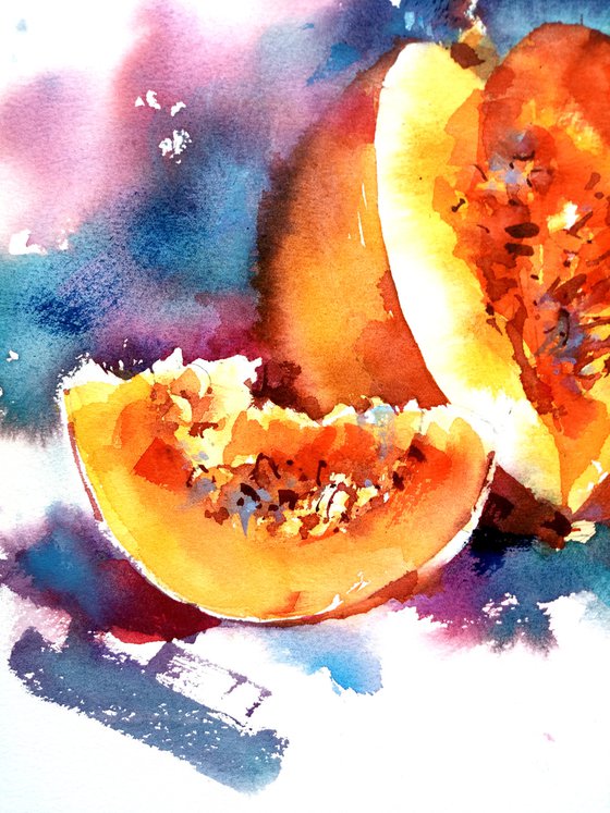 "Still life with pumpkin" expressive original watercolor artwork in square format