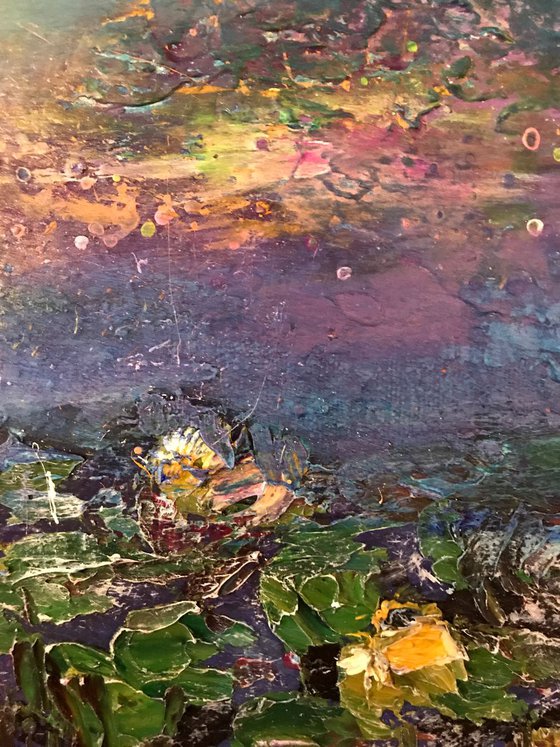 " Afterglow" water lilies pond abstract floral painting purple turquoise with gold