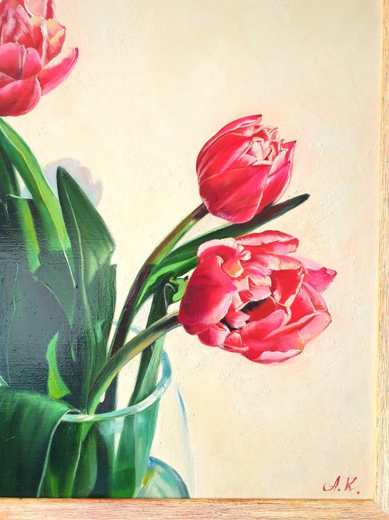 "In oriental style. "  still life summer  tulip bumblebee  white liGHt original painting  GIFT (2021)