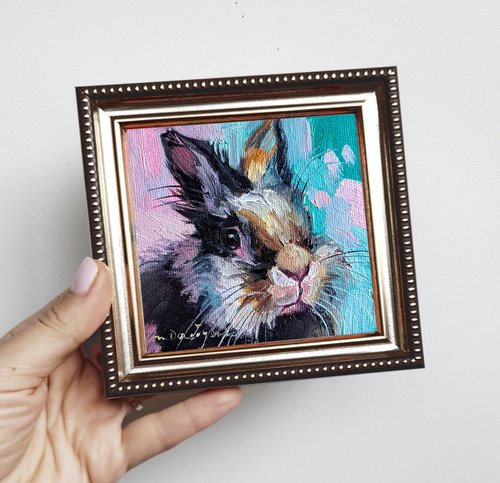 Cute rabbit painting original oil framed 4x4, Small framed art rabbit artwork turquoise purple background by Nataly Derevyanko