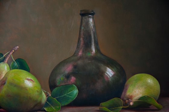 Pears & Old 17th century wine bottle