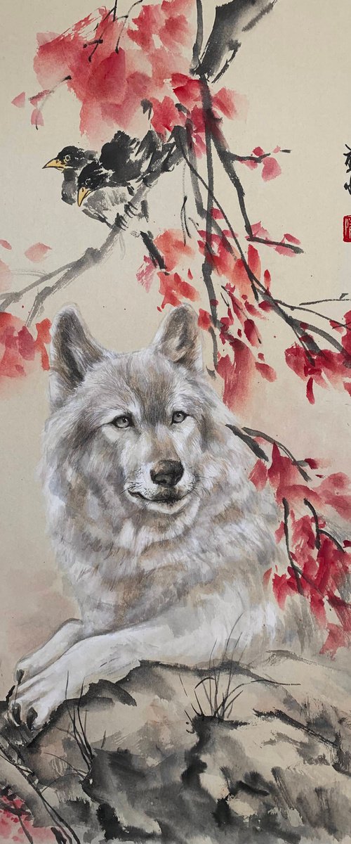 White Wolf Original Brush Painting by Fiona Sheng