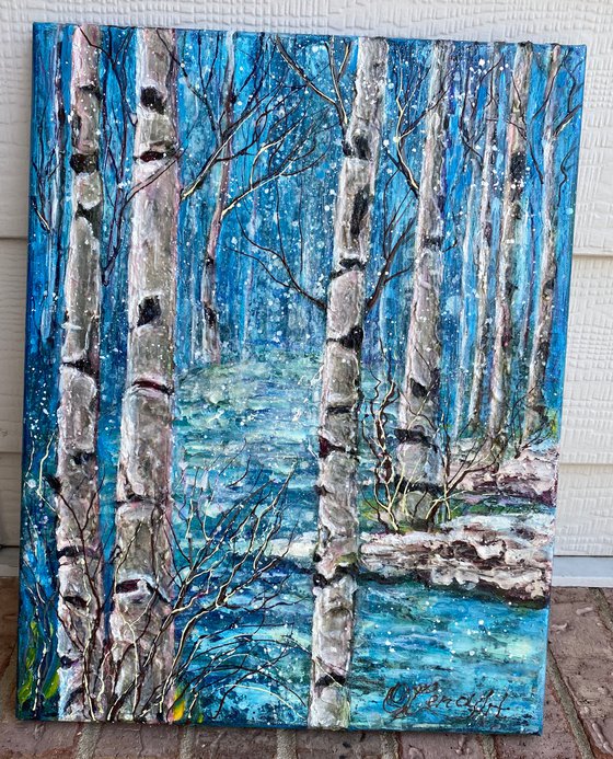 Winter Birch Trees -  Monochrome  in Blue Impasto Original Painting  (palette knife)