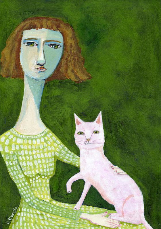 Woman Sitting with Pink Cat Lady Naive Figurative Quirky Art Long Neck
